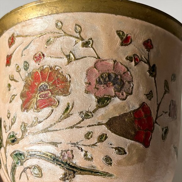 Vintage Solid Brass Floral Planter Hand Painted Flower Pot Rustic Boho Decor - Picture 2 of 7